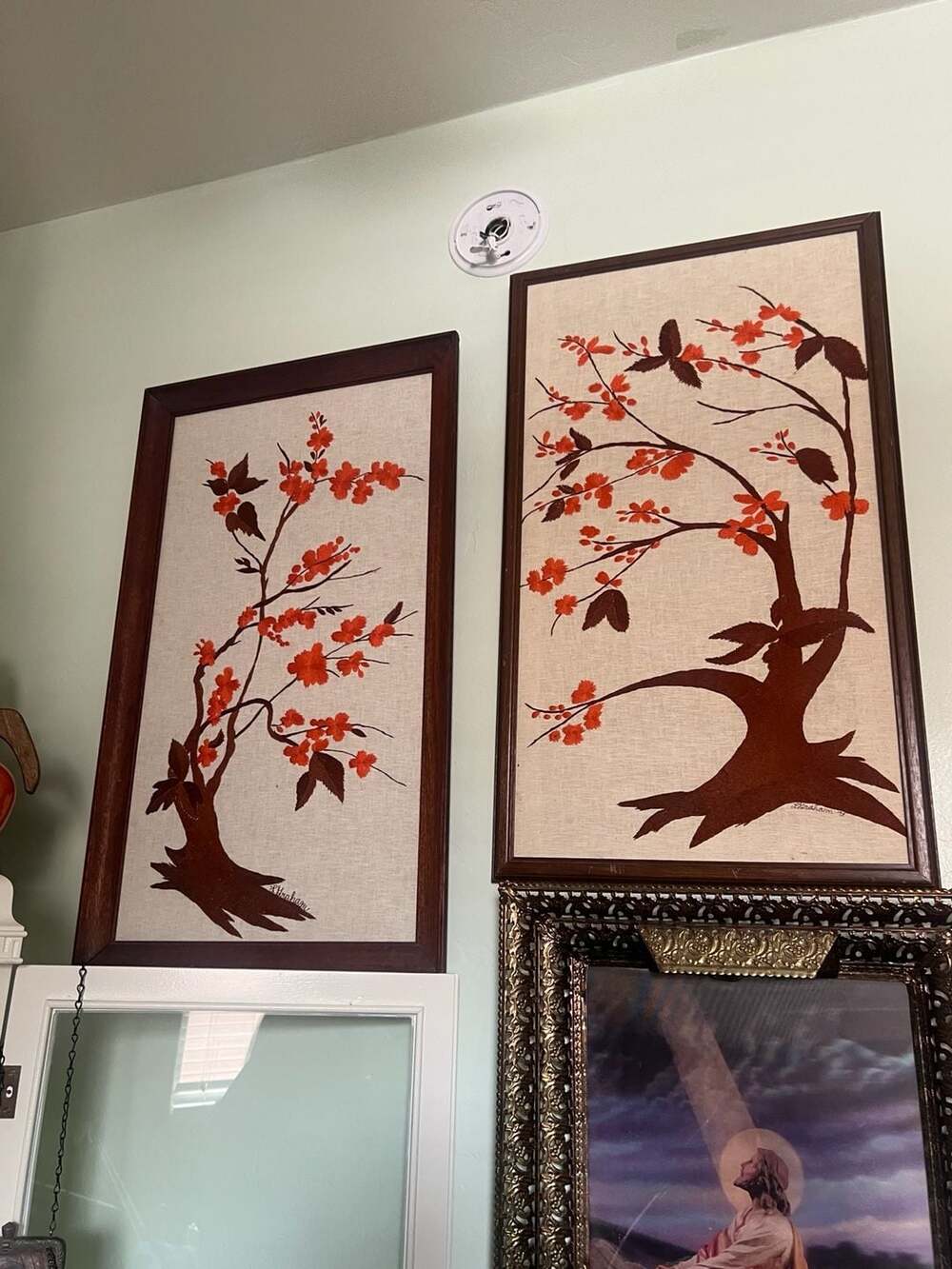 Vintage L. Graham 1972 Mid-Century Modern Stained Wood and Fabric Blossom Wall A